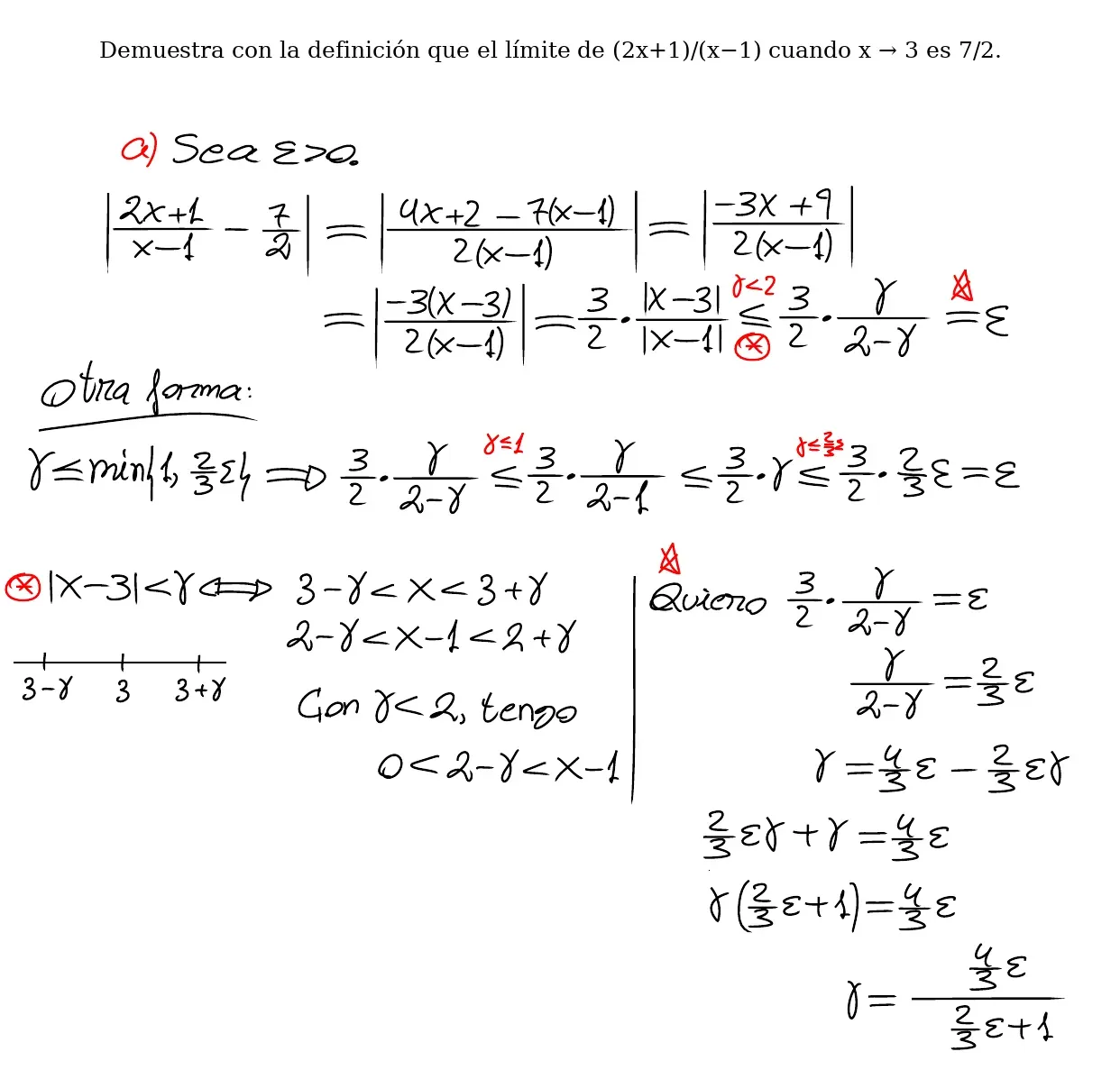 Pizarra de clase, con γ en el papel de δ: |(2x+1)/(x−1) − 7/2| se reduce a (3/2)·|x−3|/|x−1|; con γ < 2 se acota |x−1| > 2 − γ dibujando la recta; primera forma, γ ≤ mín{1, 2ε/3}; segunda forma, se despeja γ = (4/3)ε / ((2/3)ε + 1)
