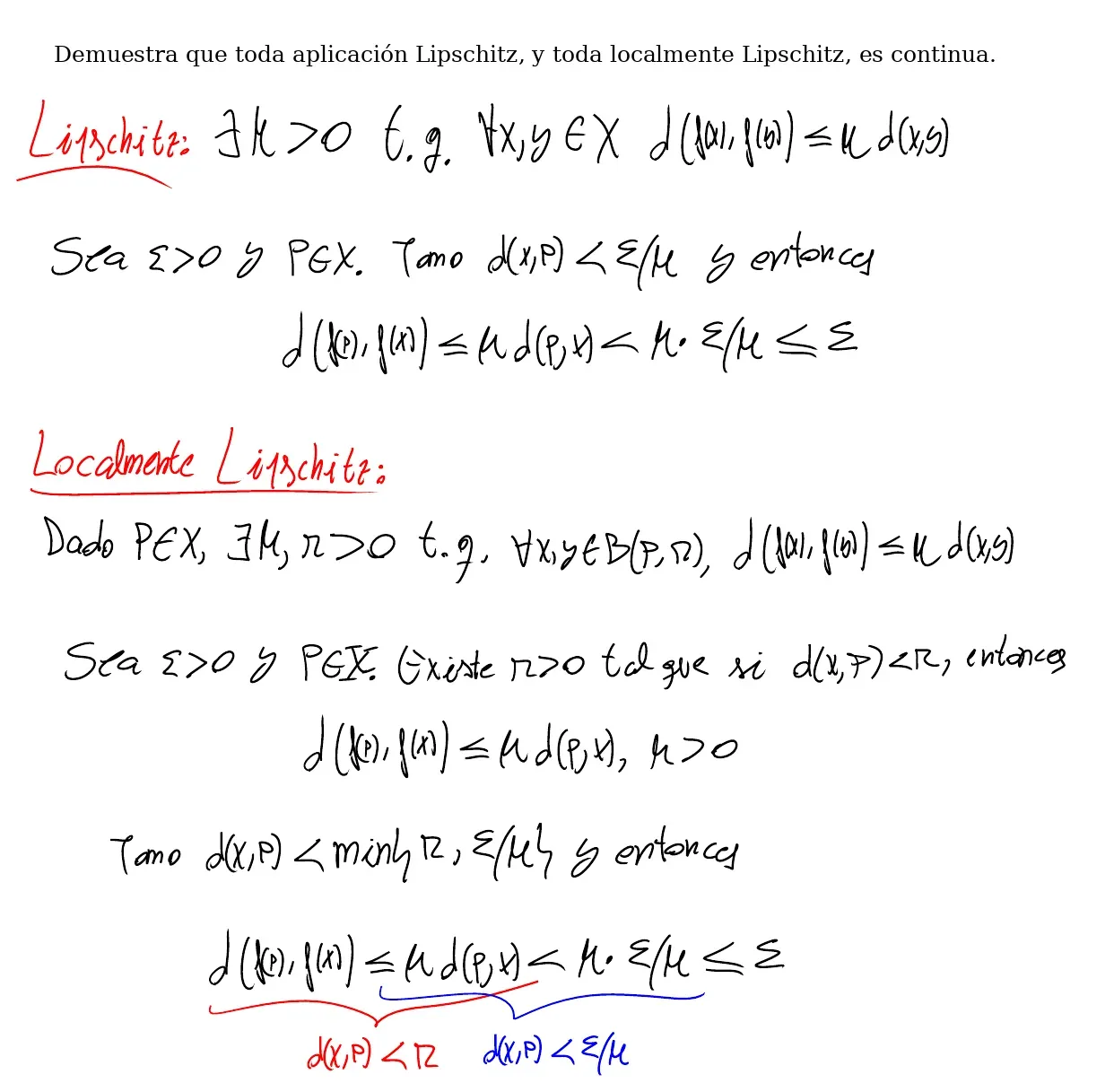 Pizarra de clase: definición de aplicación Lipschitz y prueba de que es continua tomando d(x, P) < ε/K; definición de localmente Lipschitz y prueba de que es continua tomando d(x, P) < mín{r, ε/K}, con cada condición señalada en un color