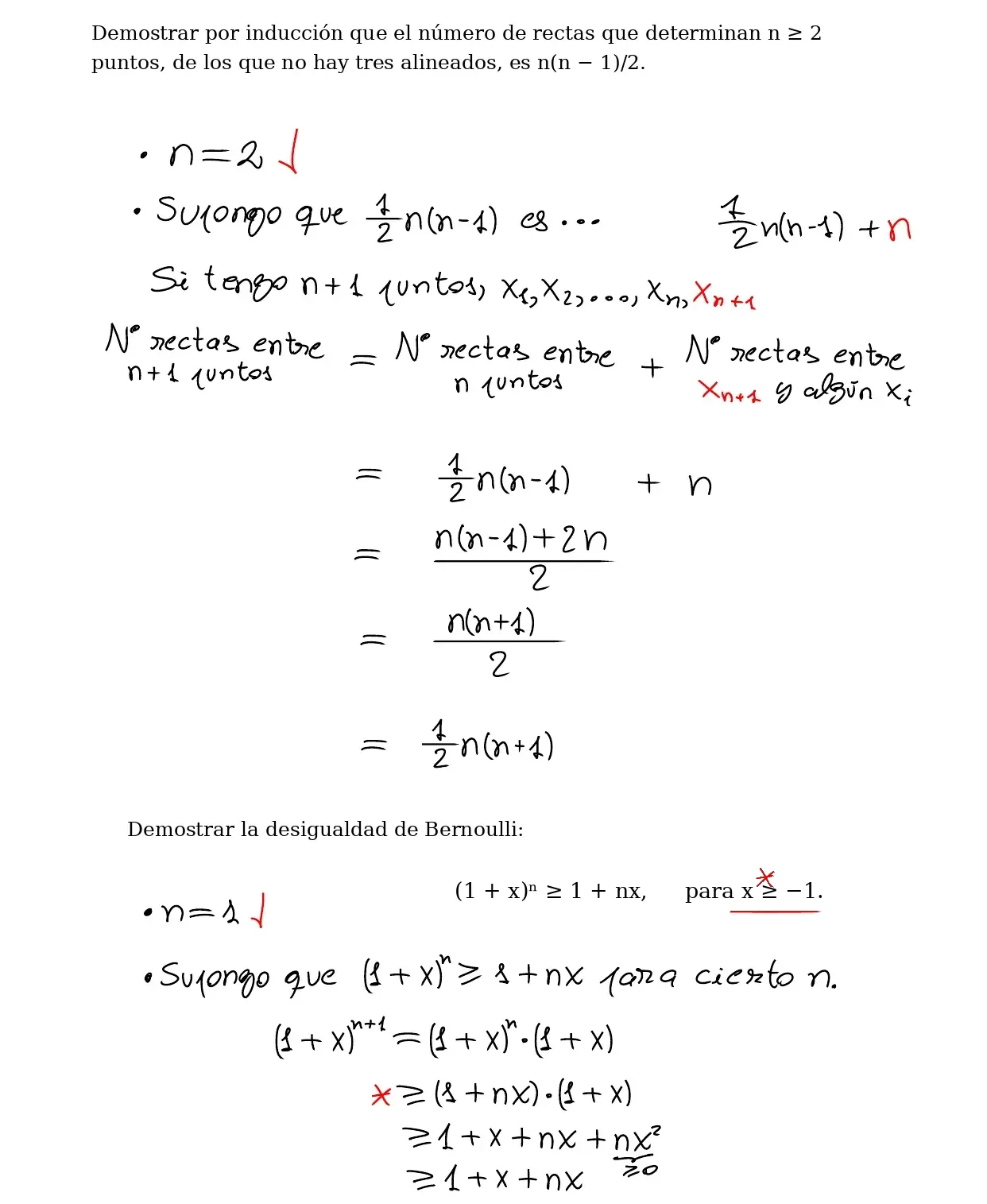 Pizarra de clase: inducción para las rectas que determinan n puntos sin tres alineados, con el caso n = 2, la hipótesis y el paso: las rectas entre n + 1 puntos son las de los n primeros más las n que unen el punto nuevo con cada uno, y ½n(n − 1) + n = ½n(n + 1). Debajo, la desigualdad de Bernoulli: caso n = 1, hipótesis y paso (1 + x)ⁿ⁺¹ ≥ (1 + nx)(1 + x) ≥ 1 + x + nx, marcando con un asterisco el paso en que se usa x ≥ −1