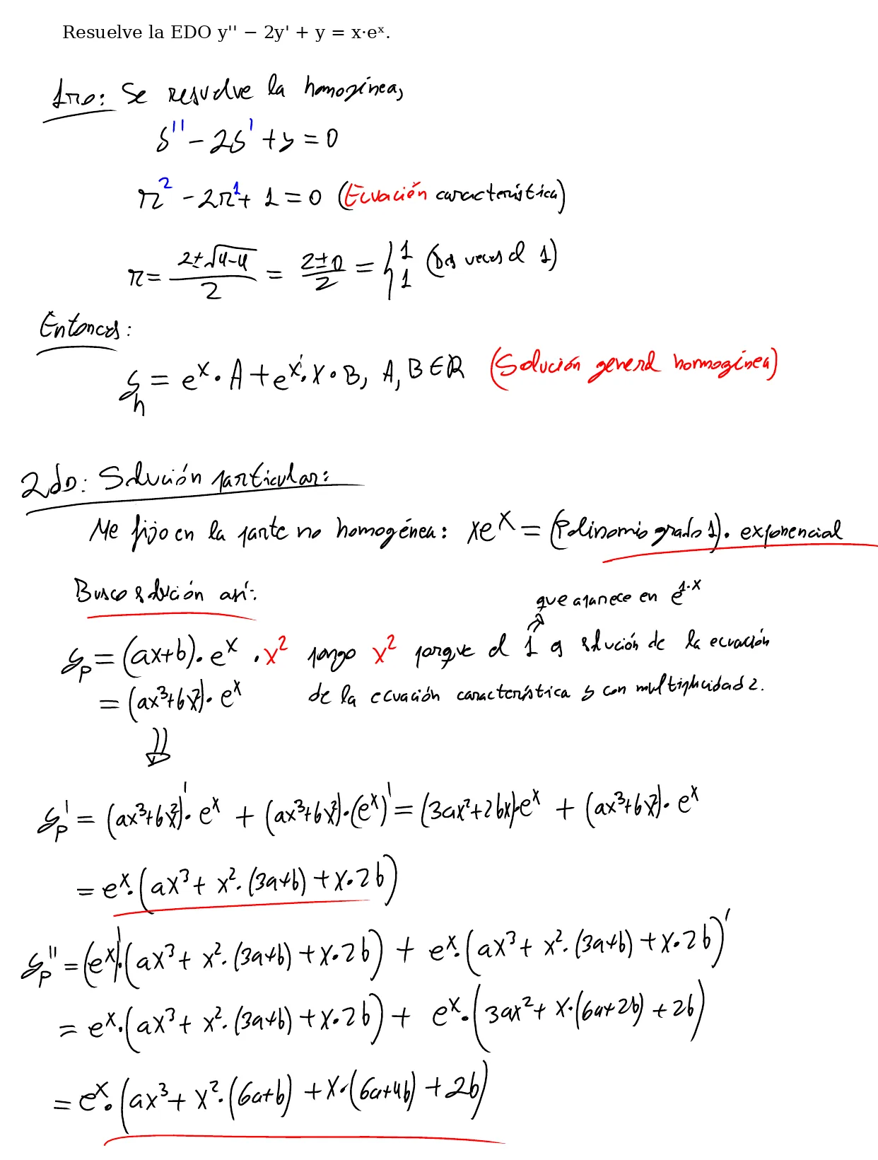 Pizarra de clase, página 1: ecuación característica r² − 2r + 1 = 0 con la raíz doble 1, solución de la homogénea A·eˣ + B·x·eˣ, y solución particular buscada como (ax + b)·eˣ·x² porque 1 es raíz doble, con sus derivadas primera y segunda