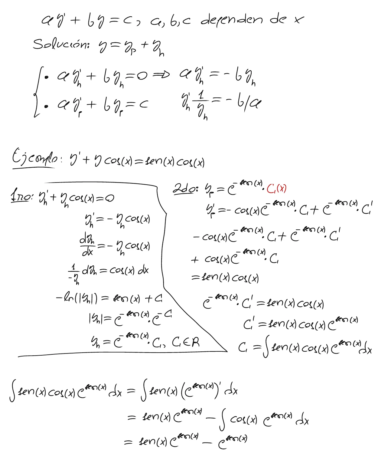 Pizarra de clase, página 1: esquema de la lineal a·y′ + b·y = c como suma de homogénea y particular; la homogénea y′ + y·cos x = 0 da y_h = C·e^(−sen x); la particular se busca como C(x)·e^(−sen x), lo que lleva a C′ = sen x·cos x·e^(sen x), que se integra por partes