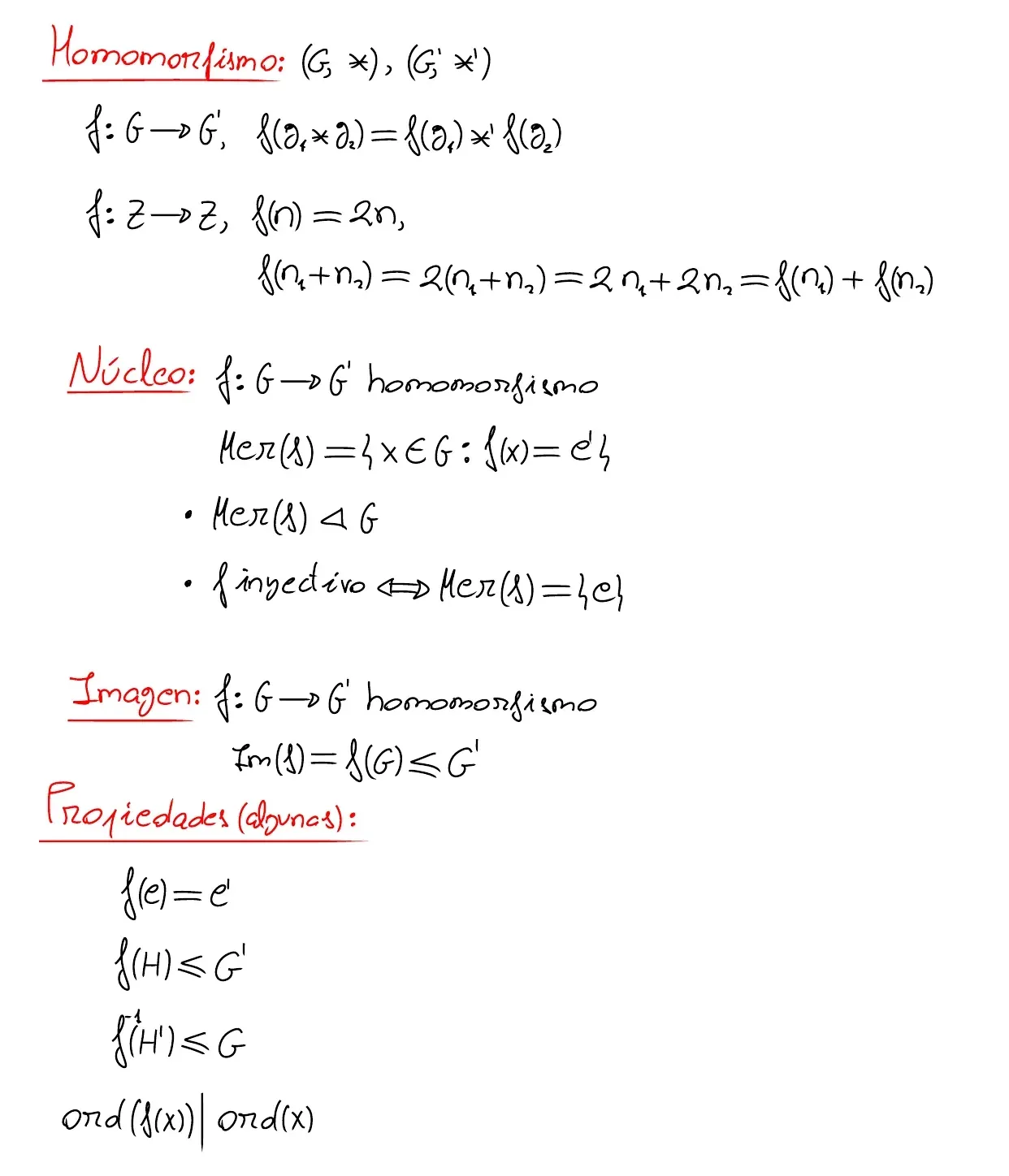 Pizarra de clase, página 2: definición de homomorfismo con el ejemplo f(n) = 2n en Z; el núcleo es un subgrupo normal y f es inyectivo si y solo si el núcleo es trivial; la imagen es un subgrupo; y algunas propiedades: f(e) = e′, imágenes y preimágenes de subgrupos, y el orden de f(x) divide al de x