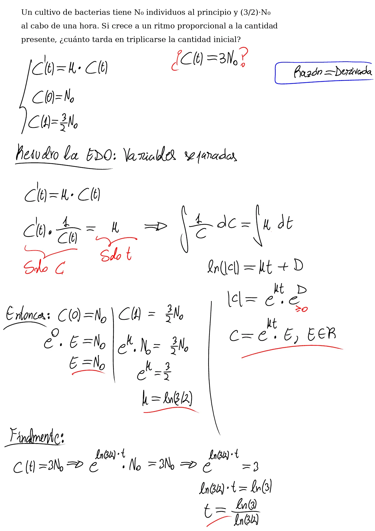 Pizarra de clase: la ecuación C' = k·C con C(0) = N₀ y C(1) = 3/2·N₀, resuelta por variables separadas hasta C = E·e^(kt); con los dos datos salen E = N₀ y k = ln(3/2), y el tiempo en que se triplica es t = ln 3 / ln(3/2)
