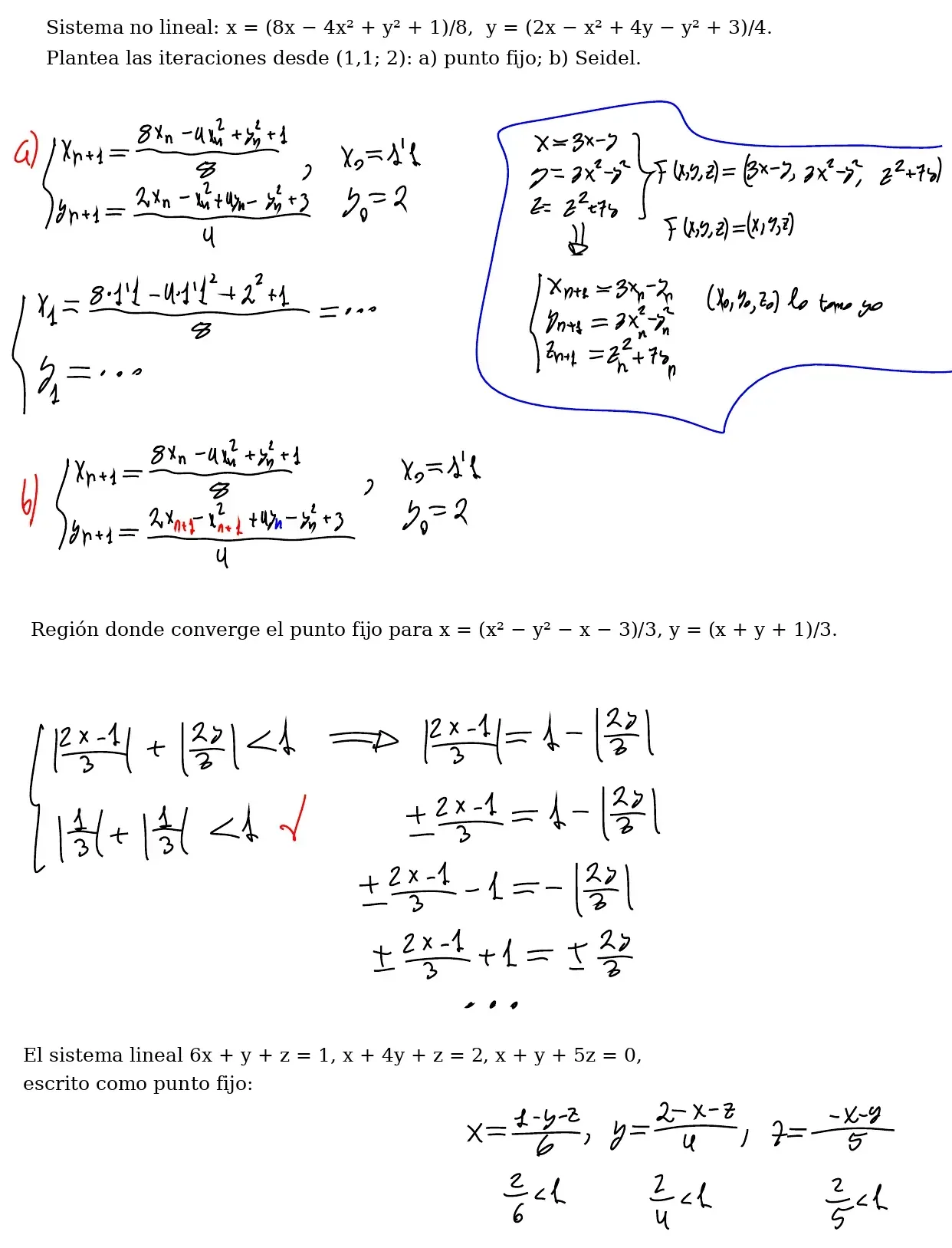 Pizarra de clase: planteamiento de las iteraciones de punto fijo y de Seidel para un sistema no lineal desde (1,1; 2), con el primer paso de punto fijo empezado y los valores nuevos de Seidel marcados en rojo; al margen, cómo escribir un sistema de tres ecuaciones como punto fijo; condición de convergencia con las derivadas parciales; un sistema lineal 3×3 despejado como punto fijo, que converge porque 2/6, 2/4 y 2/5 son menores que 1