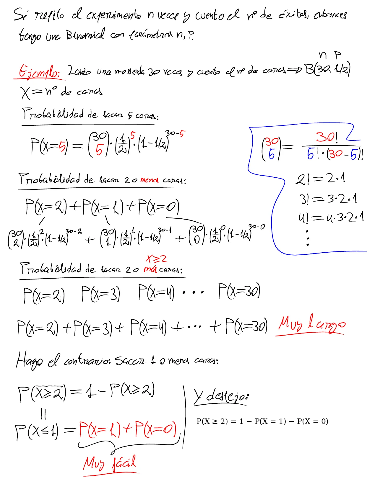 Pizarra de clase: la binomial B(30, ½) del número de caras en 30 lanzamientos, P(X = 5) con el número combinatorio, P(X ≤ 2) como suma de tres términos y P(X ≥ 2) = 1 − P(X = 1) − P(X = 0) por el complementario