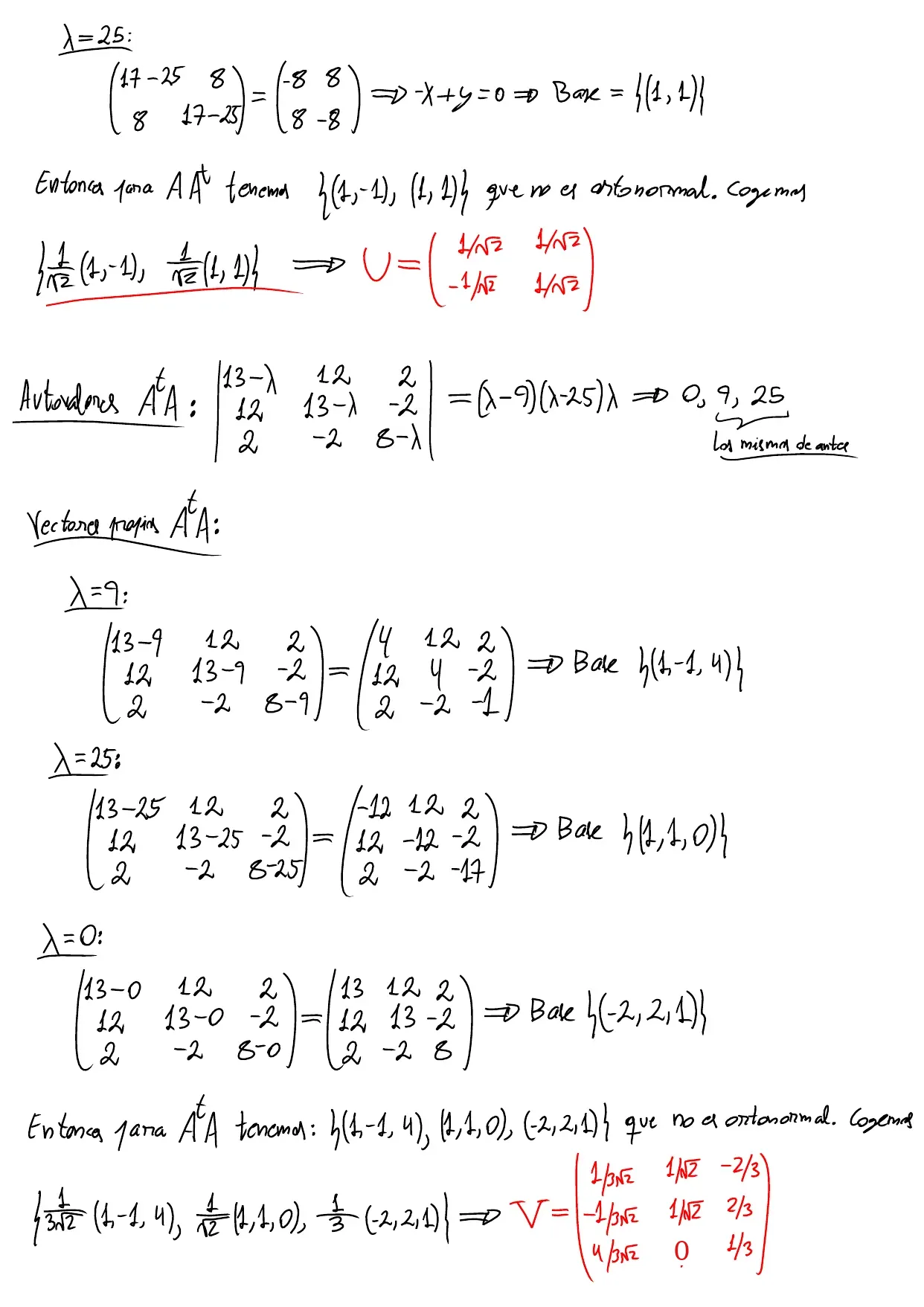 Pizarra de clase, página 2: autovectores de A·Aᵗ y de Aᵗ·A, su ortonormalización y las matrices U y V